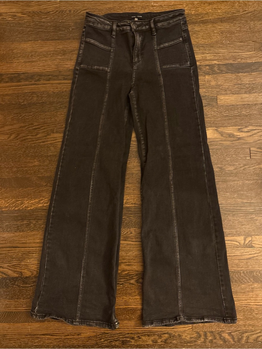 Risen High-Rise Wide Leg Jeans - Black front seam detail. 9/29
